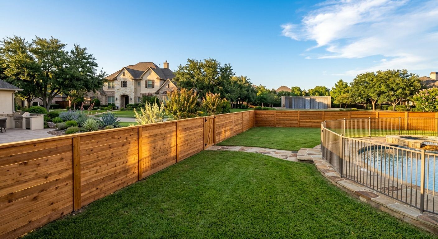 Cedar privacy fence and pool in a Conroe TX backyard with mature oak trees