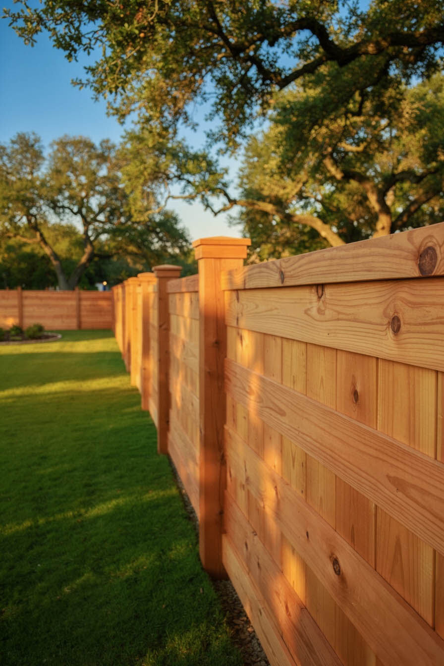 Freshly installed cedar privacy fence stretching across a Conroe TX backyard at golden hour