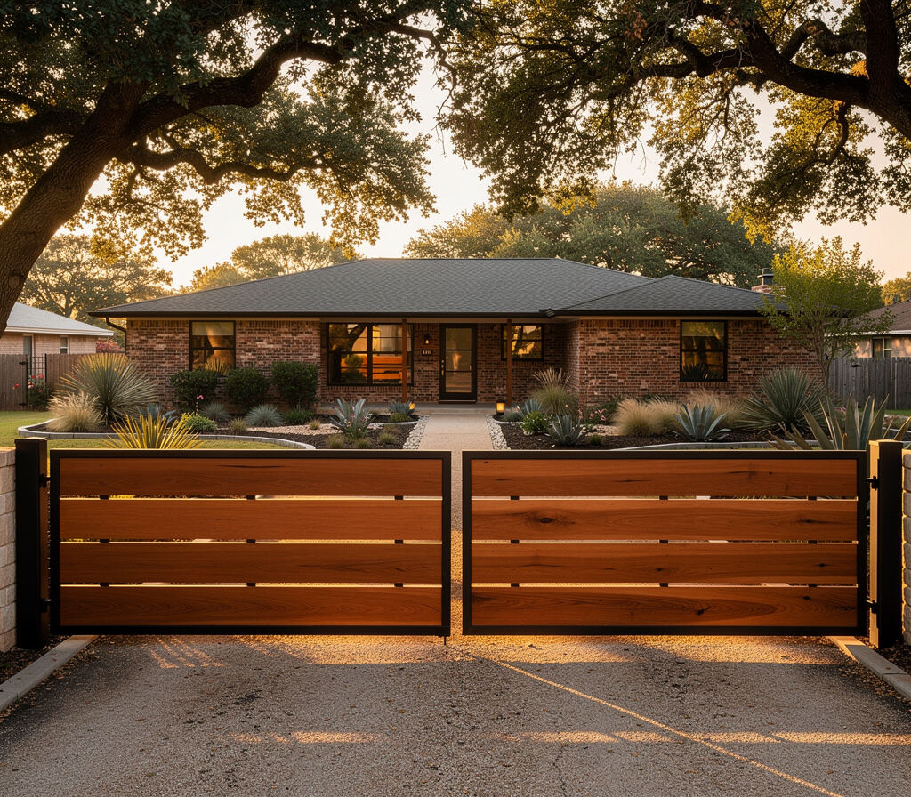 Modern double drive gate in front of a Conroe TX home