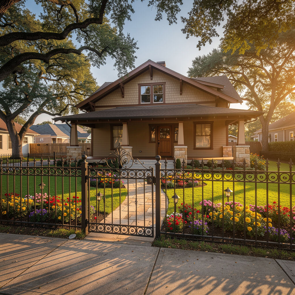 Ornamental iron fence in front of a historic style home in Montgomery TX