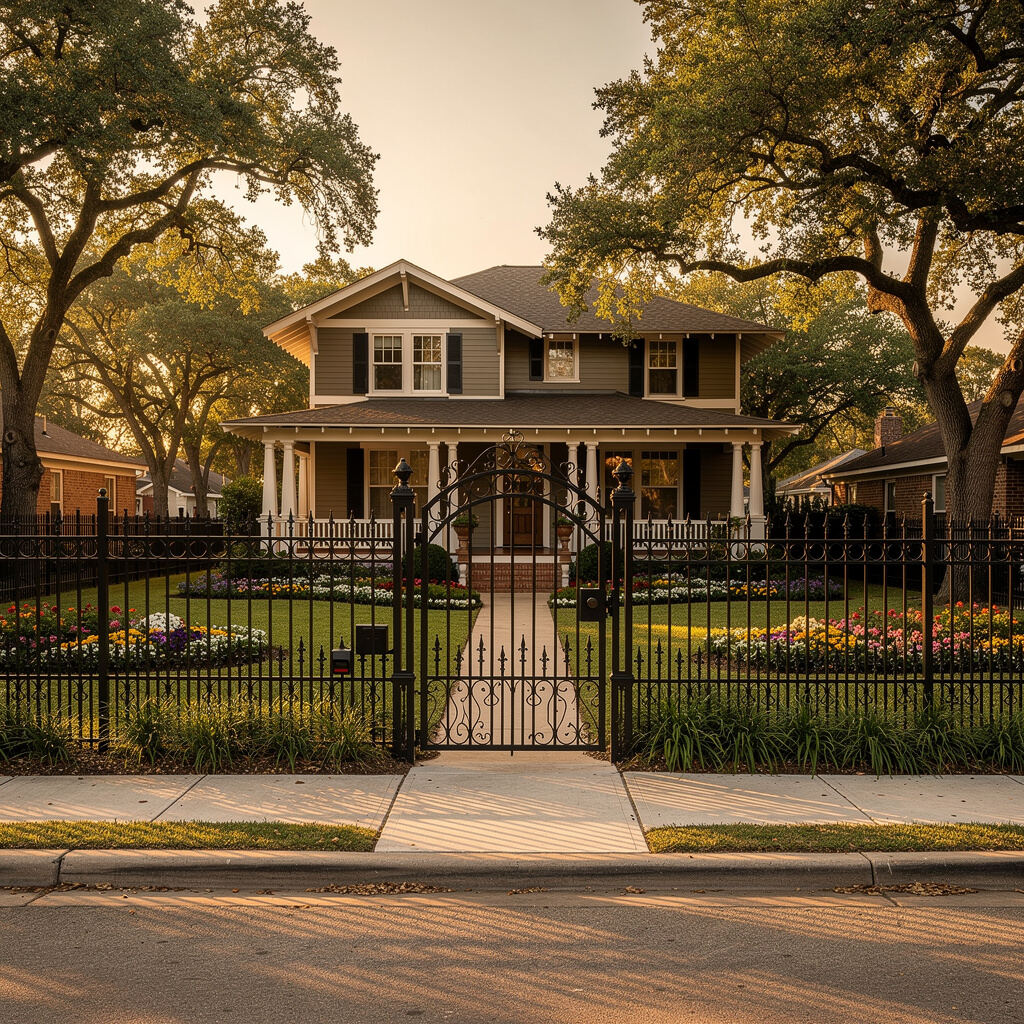 Ornamental iron fence and gate in front of a Conroe TX home at dusk