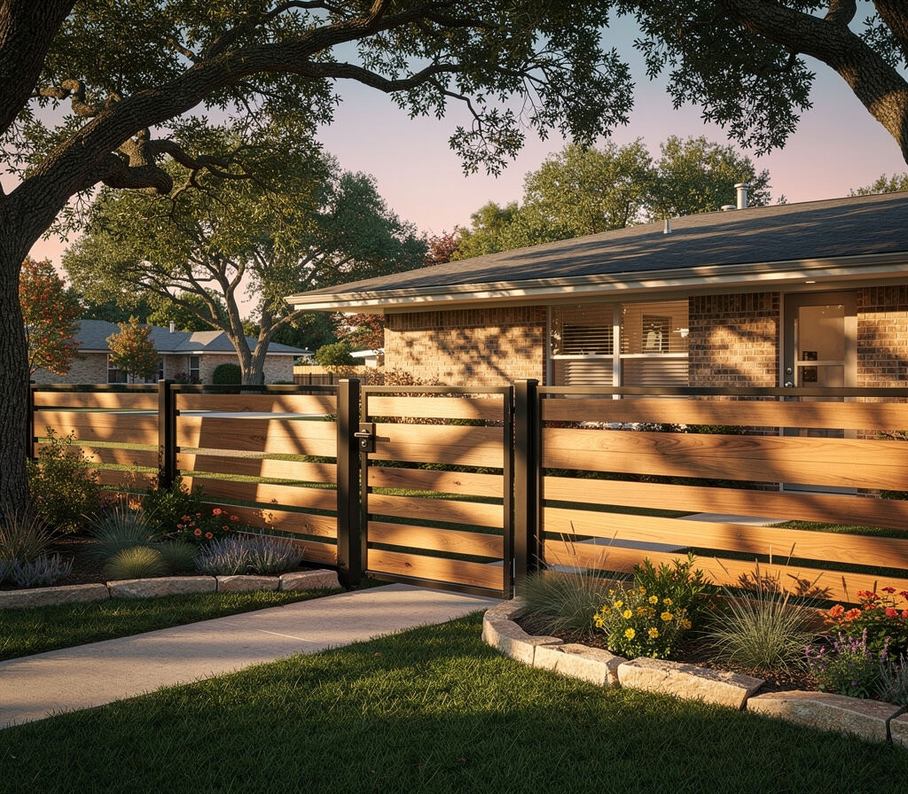 Modern wood and steel fence at a Willis TX home near Lake Conroe