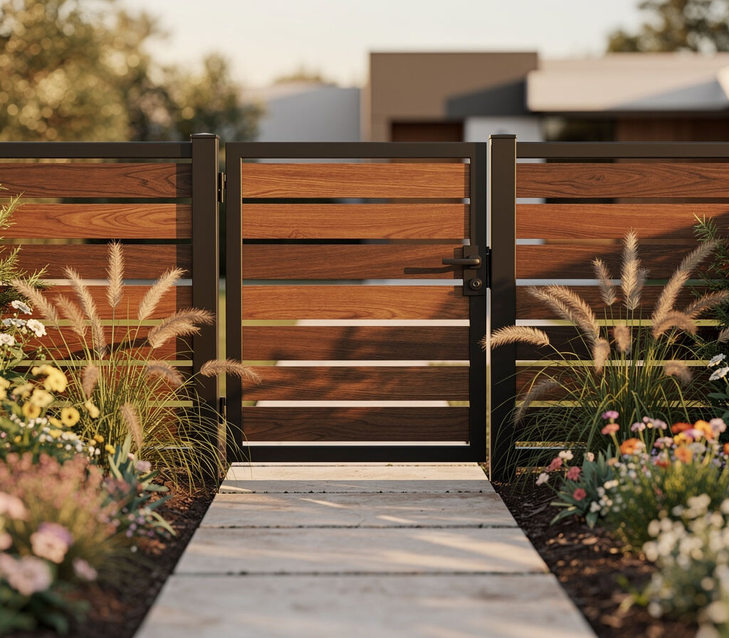 Modern wood and steel gate along a garden pathway in Conroe TX