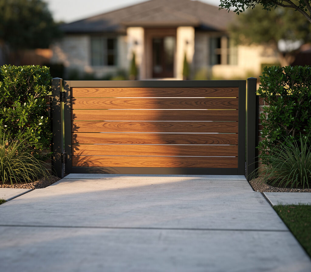 Modern wood and steel gate at a home in The Woodlands TX
