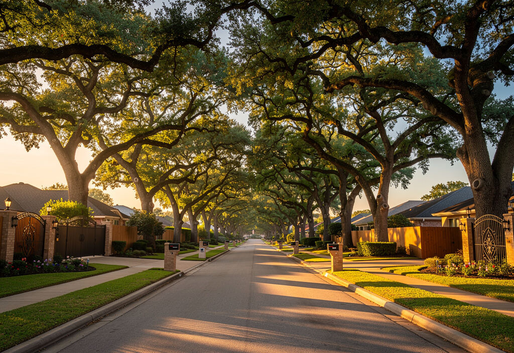 Tree-lined residential street in a Conroe TX neighborhood