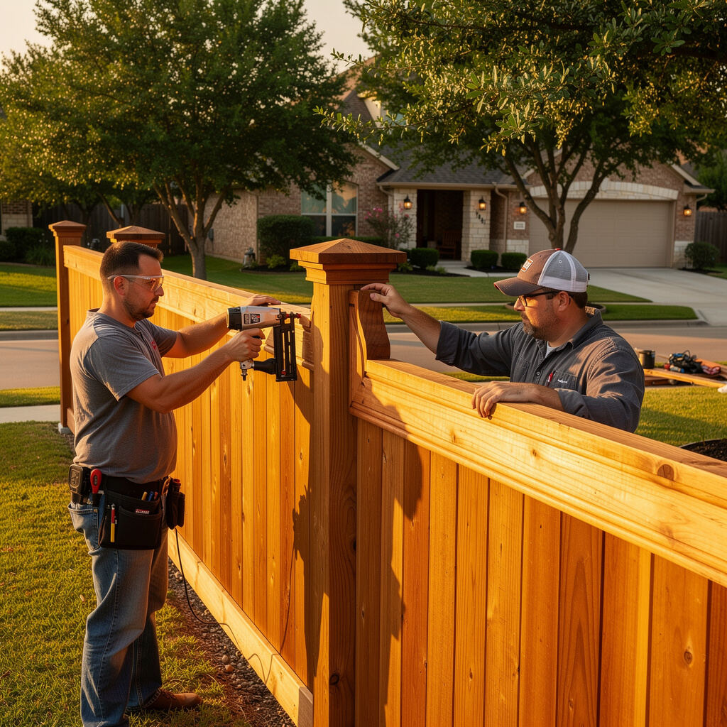 Fence repair crew rebuilding a wood fence corner post in Conroe TX