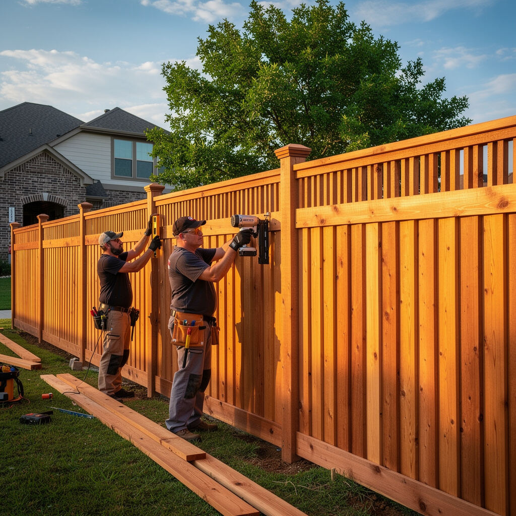 Fence contractors installing a wood picket fence in Conroe TX
