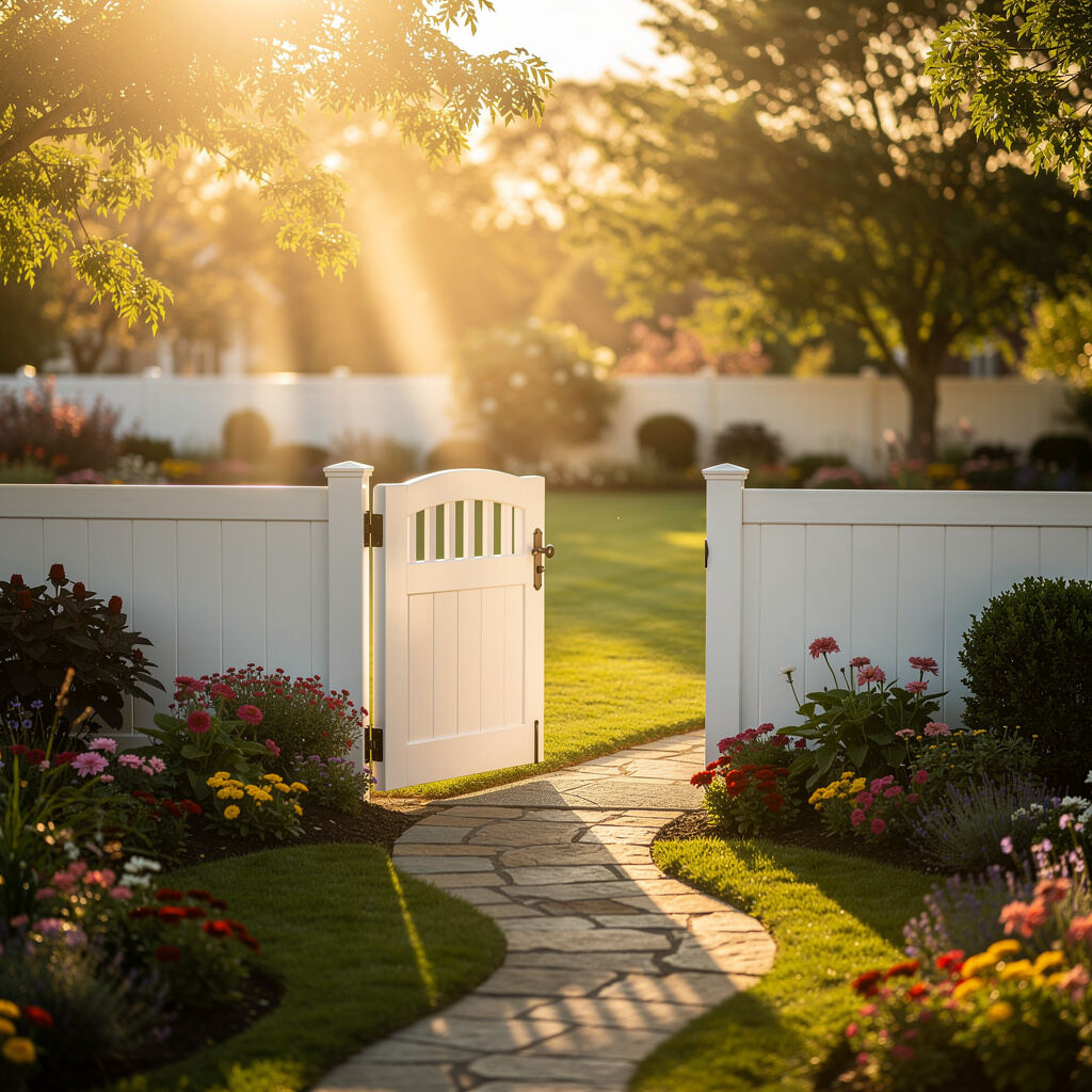 White vinyl fence gate with garden in Conroe TX at golden hour