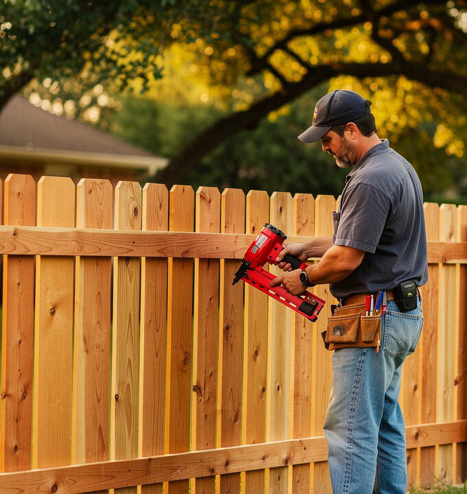 Fence contractor installing cedar picket fence boards in Conroe TX